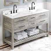 Jeffrey Alexander Wavecrest II 60" Free Standing Vanity Set with Cabinet and Quartz Vanity Top Weathered Grey / Calacatta Vienna