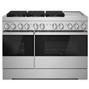 JennAir NOIR 48 Inch Wide 6.3 Cu. Ft. Free Standing Range with Chrome Infused Griddle Floating Glass Black