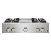 JennAir 36 Inch Wide 4 Burner Gas Cooktop with Flame-Sensing Reignition and Halo-Effect Knobs Stainless Steel