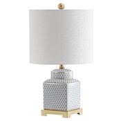 JONATHAN Y Lighting Cleo Single Light 22" Tall LED Table Lamp with Linen Drum Shade White / Navy