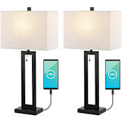 JONATHAN Y Lighting Austin 29" Tall LED Buffet Lamp Sets With USB Charging Port Black