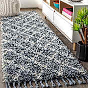 JONATHAN Y Lighting Mercer Shag 2-1/4' x 8' Shag Polypropylene Vintage Geometric Moroccan / Tribal Runner Denim Blue / Cream