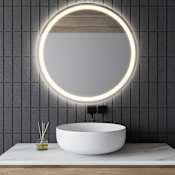JONATHAN Y Lighting Dane 27" Diameter Modern Circular Frameless Bathroom Wall Mirror with Light White