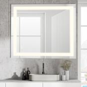 JONATHAN Y Lighting Remy 30" W x 36" H Modern Rectangular Frameless Bathroom Wall Mirror with Light Silver
