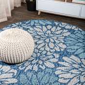 JONATHAN Y Lighting Santa Monica 6-1/2' x 6-1/2' Polypropylene Botanical Indoor/Outdoor Area Rug Navy / Aqua