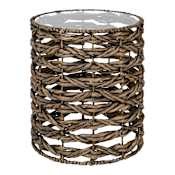 JONATHAN Y Lighting Malaya 17" Diameter Glass Top Metal and Water Hyacinth Table Brown
