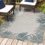 JONATHAN Y Lighting Tuscan Sun 3' x 5' Border, Palm Tree, and Traditional Indoor/Outdoor Rectangular Area Rug Blue / Cream