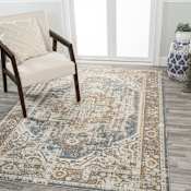 JONATHAN Y Lighting Washable 7-3/4' x 10' Polyester Border and Traditional Indoor Rectangular Area Rug Blue / Cream
