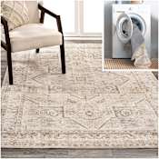JONATHAN Y Lighting Washable 7-3/4' x 10' Polyester Border and Traditional Indoor Rectangular Area Rug Cream / Brown