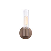 Justice Design Group Fusion 9" Tall Bathroom Sconce with Clear, Ribbed Glass Shade Brushed Brass / Clear Ribbed