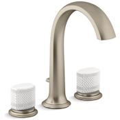Kallista Script Widespread Bathroom Faucet with Diverter and White Porcelain Handles Brushed Bronze