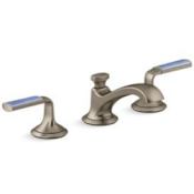 Kallista Script Widespread Bathroom Faucet with Celeste Blue Wave Enamel Lever Handles Brushed Bronze