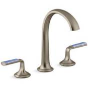 Kallista Script Widespread Arch Spout Bathroom Faucet with Celeste Blue Wave Enamel Lever Handles Brushed Bronze