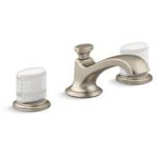 Kallista Script Widespread Low Spout Bathroom Faucet with White Porcelain Knob Handles Brushed Bronze