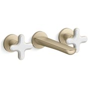 Kallista 002 Wall Mounted Widespread Bathroom Faucet with White Carrara Cross Handles Brushed French Gold