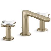 Kallista 002 Widespread Bathroom Faucet with White Carrara Cross Handles Brushed French Gold