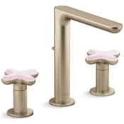 Kallista 002 Widespread Tall Spout Bathroom Faucet with Rose Quartz Cross Handles Brushed French Gold