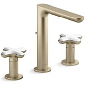 Kallista 002 Widespread Tall Spout Bathroom Faucet with White Carrara Cross Handles Brushed French Gold