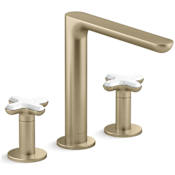 Kallista 002 Deck Mounted Roman Tub Filler with White Carrara Cross Handles Brushed French Gold