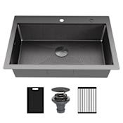 Karran USA Matrix 33" Drop In Single Basin Stainless Steel Kitchen Sink with Basket Strainer and Cutting Board Gunmetal Grey