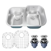 Karran USA Profile 31-1/2" Undermount Double Basin Stainless Steel Kitchen Sink with Basin Rack and Basket Strainer and Rear Drain Placement Stainless Steel