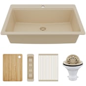 Karran USA Quartz Top Mount Sinks 33" Drop In Single Basin Quartz Composite Kitchen Sink with Basket Strainer, Colander and Cutting Board Bisque
