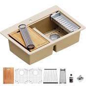 Karran USA 33" Drop In Double Basin Quartz Composite Kitchen Sink with Basin Rack, Basket Strainer, Colander and Cutting Board Bisque