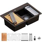 Karran USA 33" Drop In Double Basin Quartz Composite Kitchen Sink with Basin Rack, Basket Strainer, Colander and Cutting Board Brown