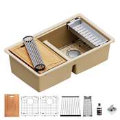 Karran USA 32-1/2" Undermount Double Basin Quartz Composite Kitchen Sink with Basin Rack, Basket Strainer, Colander and Cutting Board Bisque