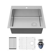 Karran USA Fusion 25" Drop In Single Basin Stainless Steel Kitchen Sink with Basin Rack and Basket Strainer Satin Brushed