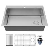 Karran USA Fusion 33" Drop In Single Basin Stainless Steel Kitchen Sink with Basin Rack and Basket Strainer Satin Brushed