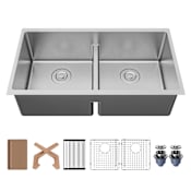 Karran USA Fusion 33" Undermount Double Basin Stainless Steel Kitchen Sink with Basin Rack, Basket Strainer and Cutting Board Satin Brushed