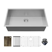 Karran USA Fusion 30-1/2" Undermount Single Basin Stainless Steel Kitchen Sink with Basin Rack, Basket Strainer and Cutting Board Satin Brushed