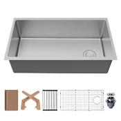 Karran USA Fusion 33" Undermount Single Basin Stainless Steel Kitchen Sink with Basin Rack, Basket Strainer and Cutting Board Satin Brushed