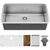 Karran USA Elite Workstation 32" Rear-Drain Undermount Single Basin Stainless Steel Kitchen Sink with Basin Rack, Basket Strainer and Cutting Board Satin Brushed