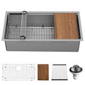 Karran USA Elite Workstation 36" Undermount Single Basin Stainless Steel Kitchen Sink with Basin Rack, Basket Strainer and Cutting Board Satin Brushed