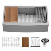 Karran USA Elite Workstation 36" Farmhouse Single Basin Stainless Steel Kitchen Sink with Basin Rack, Basket Strainer and Cutting Board Satin Brushed