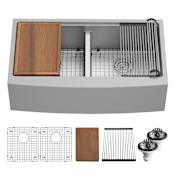 Karran USA Elite Workstation 36" Farmhouse Double Basin Stainless Steel Kitchen Sink with Basin Rack, Basket Strainer and Cutting Board Satin Brushed