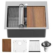 Karran USA Elite Workstation 25" Drop In Single Basin Stainless Steel Kitchen Sink with Basin Rack, Basket Strainer and Cutting Board Satin Brushed