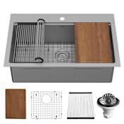 Karran USA Elite Workstation 33" Drop In Single Basin Stainless Steel Kitchen Sink with Basin Rack, Basket Strainer and Cutting Board Satin Brushed