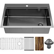 Karran USA Elite Workstation 33" Drop In Single Basin Stainless Steel Kitchen Sink with Basin Rack, Basket Strainer and Cutting Board Gunmetal Black