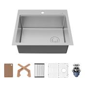 Karran USA Fusion 25" Drop In Single Basin Stainless Steel Kitchen Sink with Basin Rack, Basket Strainer and Cutting Board Satin Brushed
