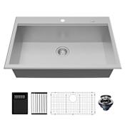 Karran USA Fusion 33" Drop In Single Basin Stainless Steel Kitchen Sink with Centerset Drain, Basin Rack, Basket Strainer and Cutting Board Satin Brushed