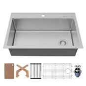 Karran USA Fusion 33" Drop In Single Basin Stainless Steel Kitchen Sink with Basin Rack, Basket Strainer and Cutting Board Satin Brushed