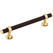 Keeler Umber 5-1/16" Center to Center Solid Brass and Leather Luxury Custom Exclusive Cabinet Bar Handle / Drawer Bar Pull Unlacquered Brass / Dream Cow