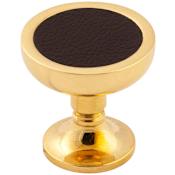 Keeler Umber 1-1/4" Disc Luxury Solid Brass and Leather Round Custom Exclusive Cabinet / Drawer Knob Unlacquered Brass / Dream Cow