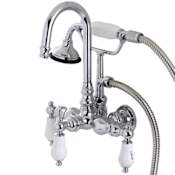 Kingston Brass Aqua Vintage Wall Mounted Clawfoot Tub Filler with Porcelain Lever Handles - Includes Personal Hand Shower Polished Chrome