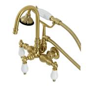 Kingston Brass Aqua Vintage Wall Mounted Clawfoot Tub Filler with Built-In Diverter – Includes Hand Shower Brushed Brass