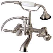 Kingston Brass Aqua Vintage Wall Mounted Clawfoot Tub Filler with Built-In Diverter - Includes Hand Shower Brushed Nickel