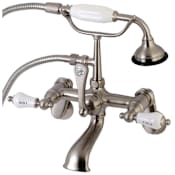 Kingston Brass Aqua Vintage Wall Mounted Clawfoot Tub Filler with Built-In Diverter - Includes Hand Shower Brushed Nickel